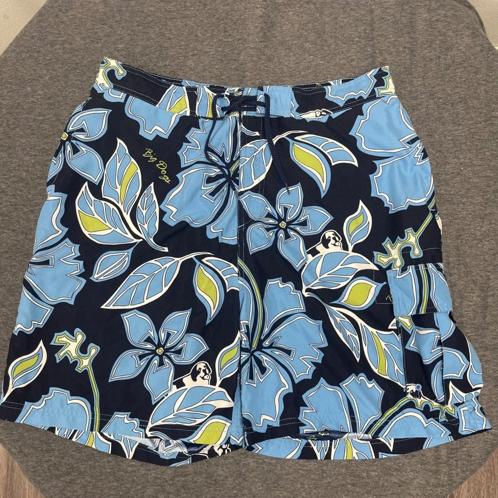 Big Dogs XL Floral Print Swim Trunks Shorts Drawstring Blue‎ Fun Attitude Beach